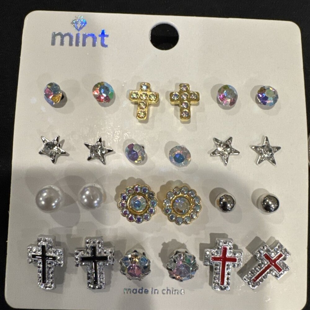 Mint 24 Pc Set Studs Faux Pearl Rhinestone Cross Bows Earrings MultiPack NEW
